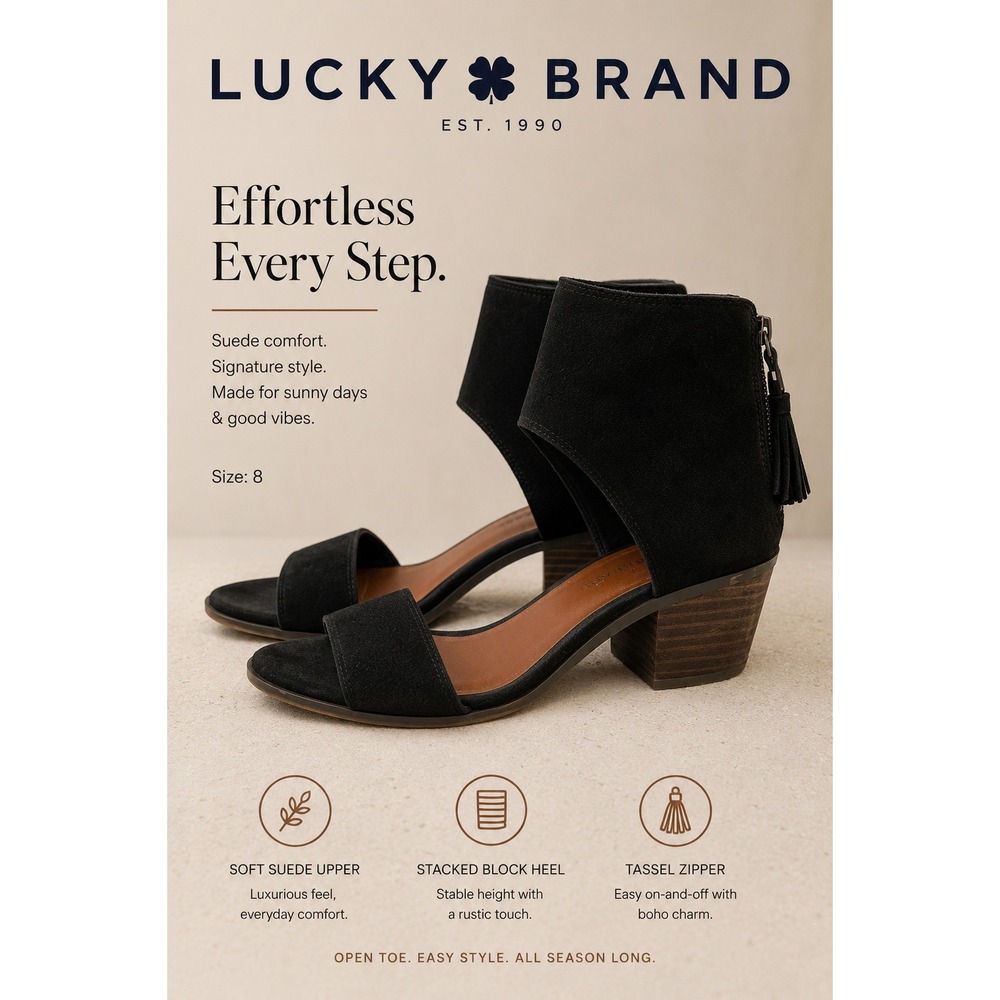 Lucky Brand Sandal Women 8 Black Suede Tassel Back Zip Block Heel Ankle Strap